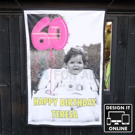 1.5m x 1m fabric birthday banner with coloured edge binding